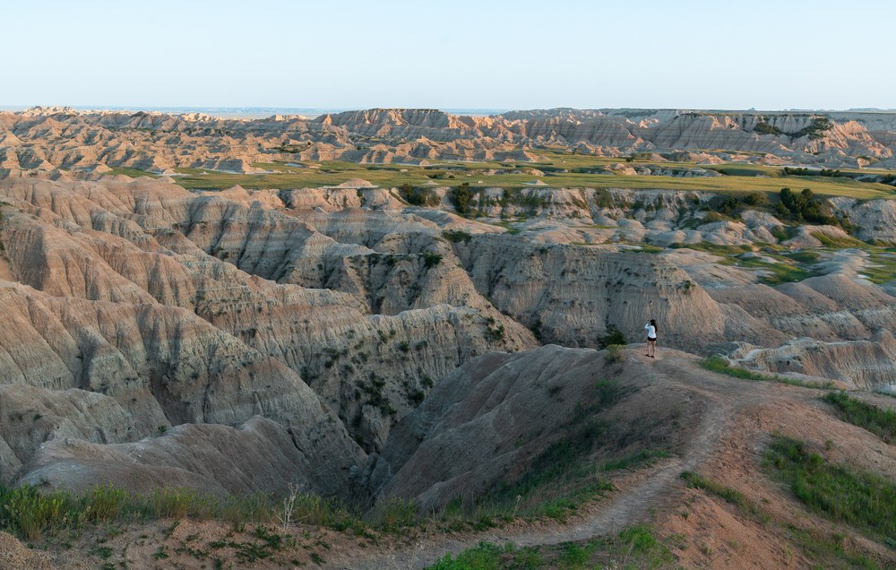 Eroded ridges and layered rock stretch across Badlands National Park.